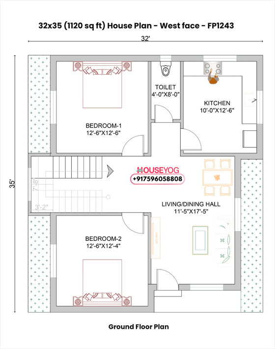 32x35 West Facing 2BHK House Plan with Verandah - 900 Sq Ft Modern Layout