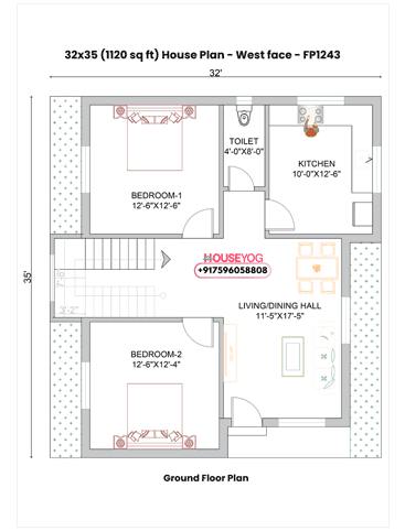 32x35 Single Floor 2 BHK West Facing Indian House Plan