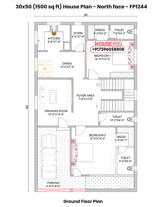 30x50 North Facing 2BHK House Plan with Parking - 1500 Sq Ft Luxury Layout