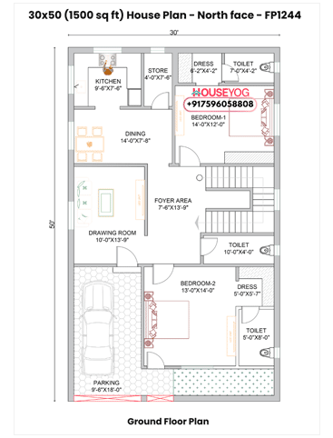 30x50 North Facing 2BHK House Plan with Parking - 1500 Sq Ft Luxury Layout