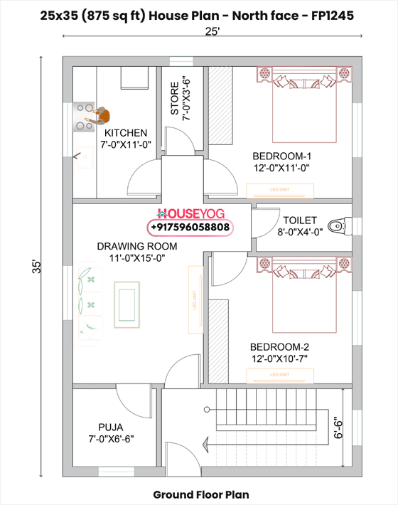 25x35 North Facing 2BHK Small Budget House Plan with Puja Room - 875 Sq Ft