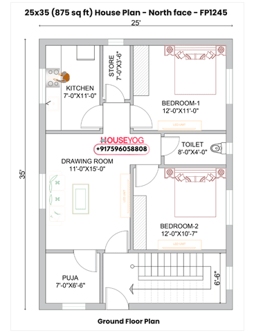25x35 North Facing 2BHK Small Budget House Plan with Puja Room - 875 Sq Ft