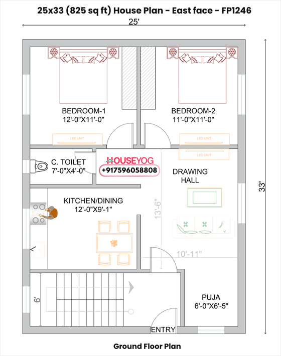25x33 East Facing 2BHK Low Budget House Plan with Puja Room - 825 Sq Ft
