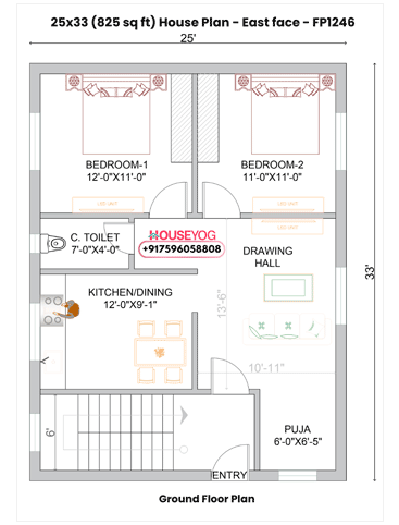 25x33 East Facing 2BHK Low Budget House Plan with Puja Room - 825 Sq Ft