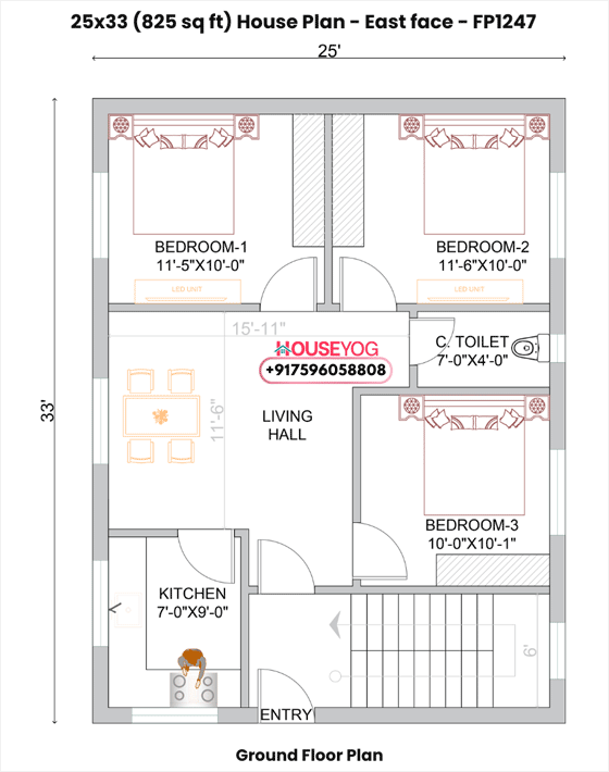25x33 East Facing 3BHK House Plan - 825 Sq Ft Low Budget Small Home Design