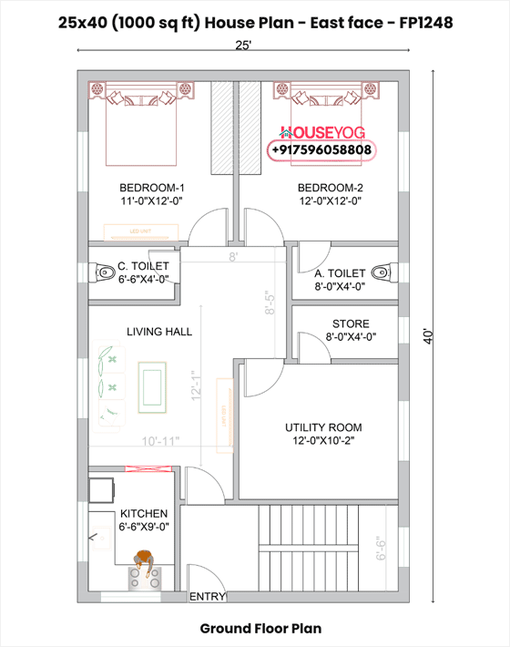 25x40 East Facing 3BHK Village House Plan for Two Brothers (1000 Sq Ft)