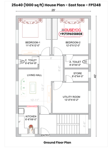 25x40 East Facing 3BHK Village House Plan for Two Brothers (1000 Sq Ft)