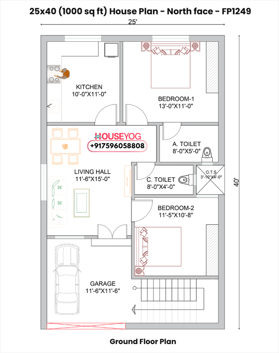 25x40 North Facing 2BHK House Plan with Car Parking (1000 Sq Ft Modern Design)