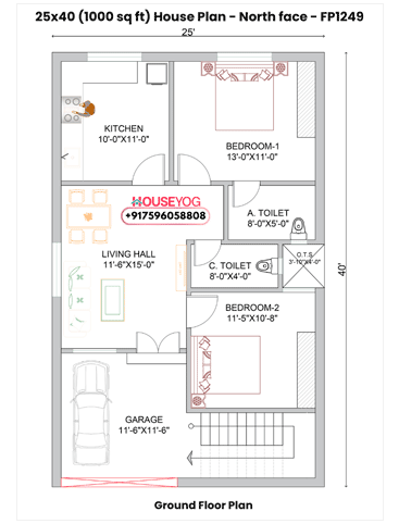 25x40 North Facing 2BHK House Plan with Car Parking (1000 Sq Ft Modern Design)