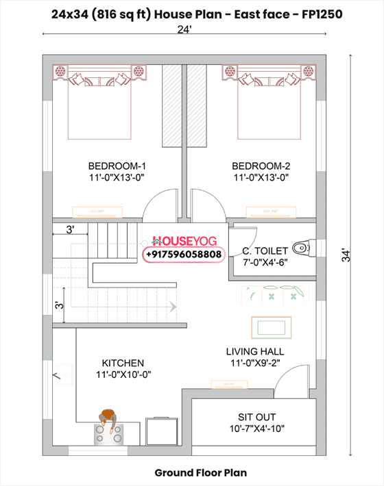 24x34 East Facing 2BHK Village House Plan with Sit Out (816 Sq Ft Simple Budget Design)