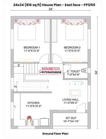 24x34 East Facing 2BHK Village House Plan with Sit Out (816 Sq Ft Simple Budget Design)