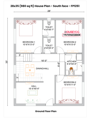 28x35 South Facing 3BHK House Plan (980 Sq Ft) Village, Urban Design