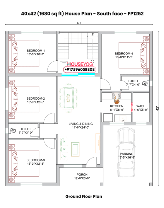 40x42 South Facing 4BHK House Plan with Car Parking (1680 Sq Ft Single Floor Design)