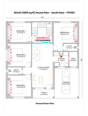 40x42 Single Floor 4 BHK South Facing Indian House Plan