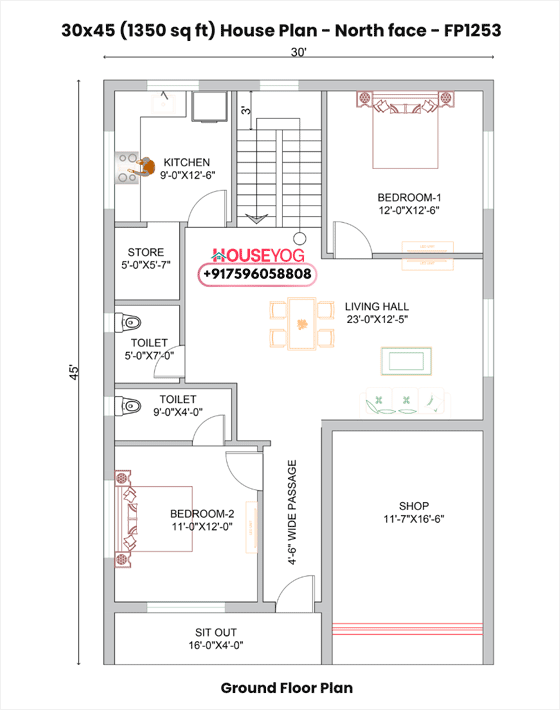 30x45 2BHK House Plan with Shop - North Facing Ground Floor Layout (1350 Sq Ft)