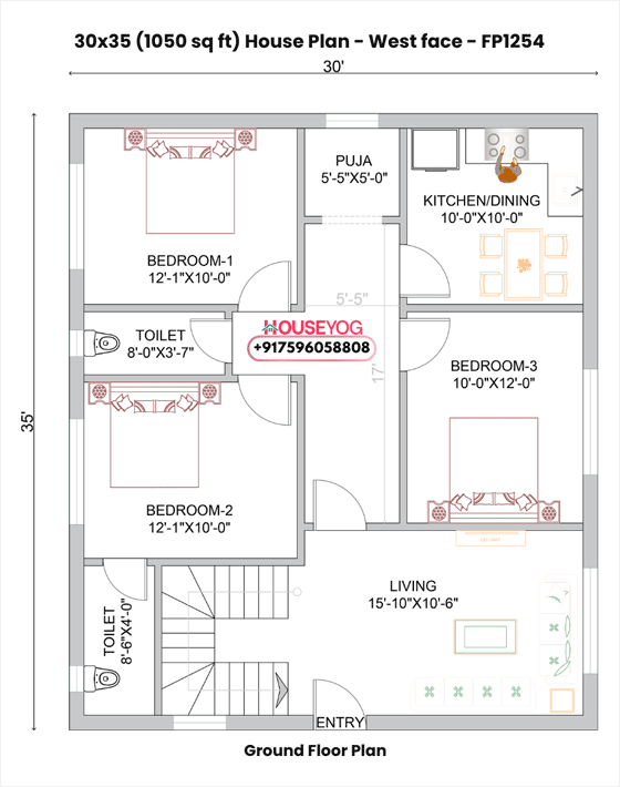 30x35 West Facing 3BHK House Plan (1050 Sq Ft) - Modern Ground Floor Layout