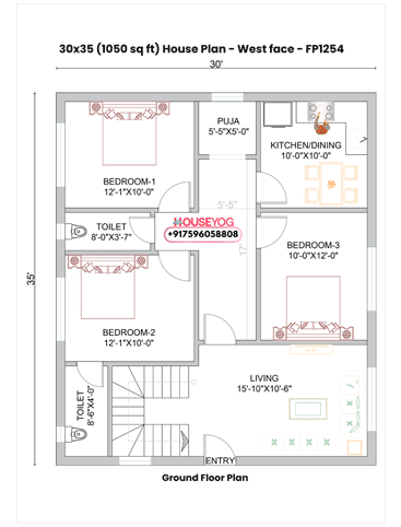 30x35 West Facing 3BHK House Plan (1050 Sq Ft) - Modern Ground Floor Layout