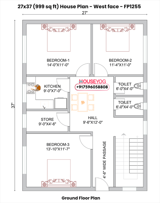 27x37 West Facing 3BHK House Plan (999 Sq Ft) - 2 Bath Layout with Store