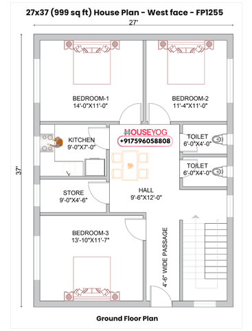 27x37 West Facing 3BHK House Plan (999 Sq Ft) - 2 Bath Layout with Store
