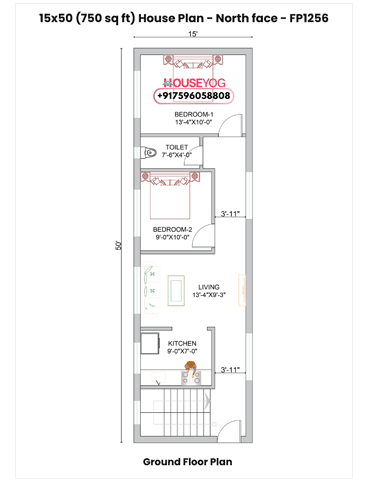 15x50 Single Floor 2 BHK North Facing Indian House Plan