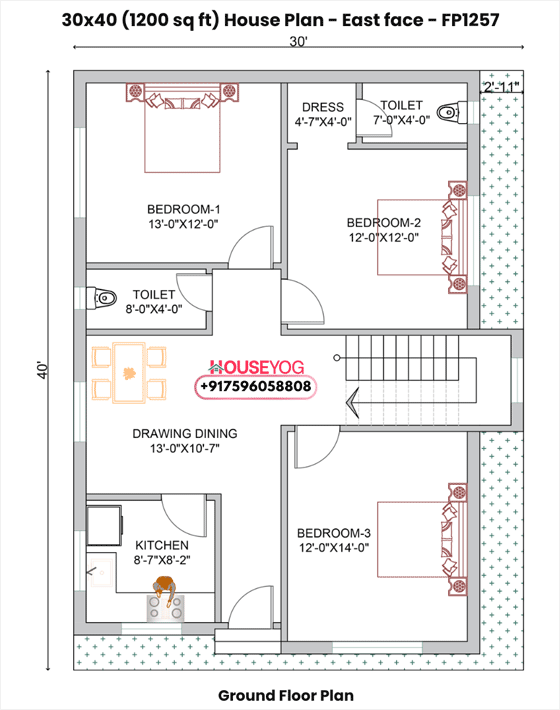 30x40 House Plan - 3BHK East Facing Single Floor Layout (1200 Sq Ft)