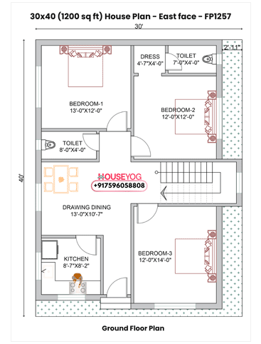 30x40 House Plan - 3BHK East Facing Single Floor Layout (1200 Sq Ft)