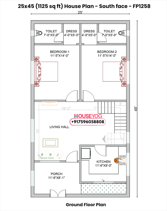 25x45 House Plan – 2BHK South Facing with Porch (1125 Sq Ft Single Floor)