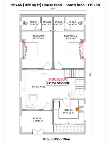 25x45 House Plan – 2BHK South Facing with Porch (1125 Sq Ft Single Floor)