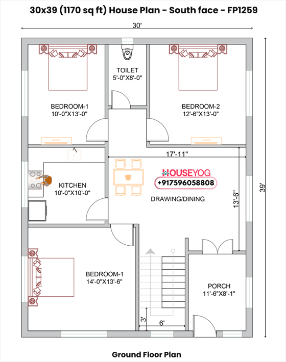 30x39 South Facing 3BHK House Plan with Porch - 1170 Sq Ft Village Home Design