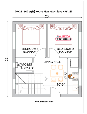 20x22 Single Floor 2 BHK East Facing Indian House Plan