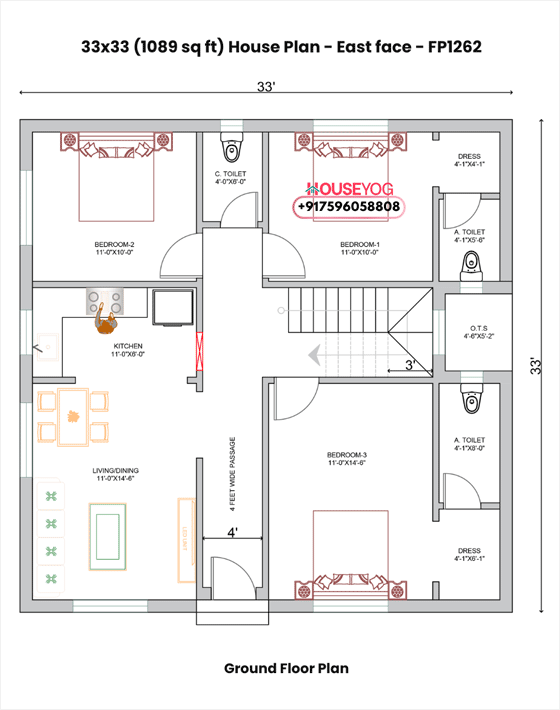 33x33 East Facing 3BHK House Plan with 2 Attached Bathrooms (1089 Sq Ft Floor Plan)