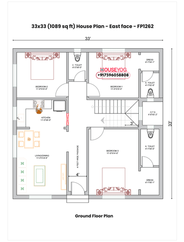 33x33 East Facing 3BHK House Plan with 2 Attached Bathrooms (1089 Sq Ft Floor Plan)