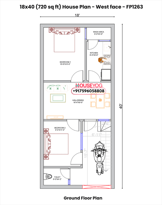 18x40 House Plan West Facing – 2BHK Small Plot Layout with Bike Parking (720 Sq Ft)