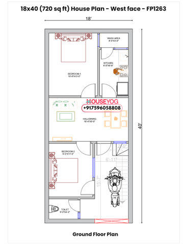 18x40 House Plan West Facing – 2BHK Small Plot Layout with Bike Parking (720 Sq Ft)