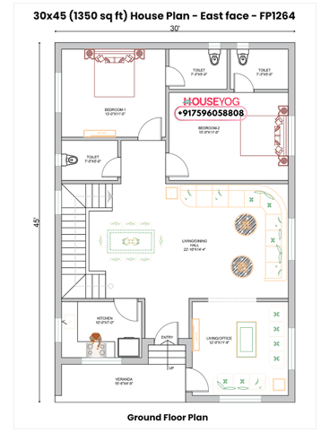 30x45 East Facing 3BHK House Plan with Verandah (1350 Sq Ft Modern Layout)