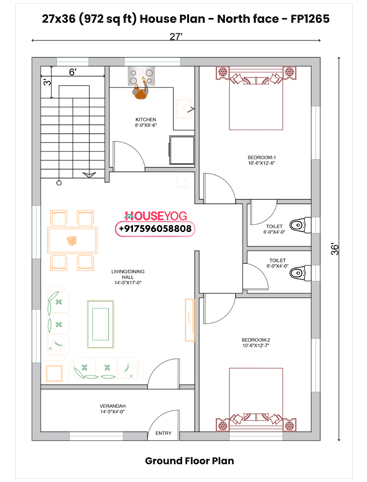 27x36 North Facing 2BHK House Plan with Verandah (972 Sq Ft Floor Plan)