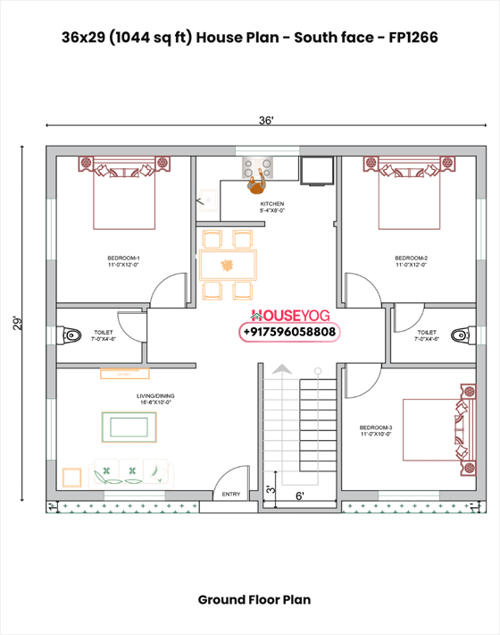 36x29 South Facing Village House Plan - 3BHK Layout with Verandah (1044 Sq Ft)