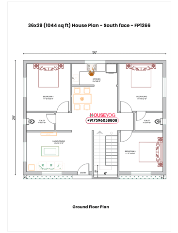 36x29 South Facing Village House Plan - 3BHK Layout with Verandah (1044 Sq Ft)
