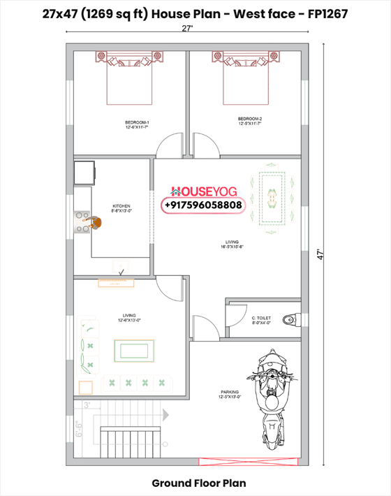 27x47 West Facing House Plan - 3BHK Ground Floor with Parking (1269 Sq Ft)