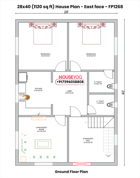 28x40 West Facing House Plan - 3BHK Ground Floor (1120 Sq Ft)