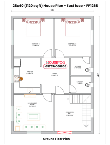 28x40 West Facing House Plan - 3BHK Ground Floor (1120 Sq Ft)
