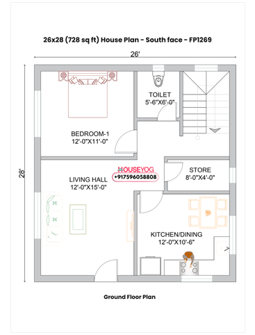 26x28 South Facing House Plan - 4BHK Duplex Design (728 Sq Ft)