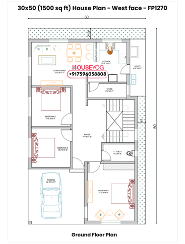 30x50 West Facing 3BHK Village House Plan (Single Floor, 1500 Sq Ft with Baithak)