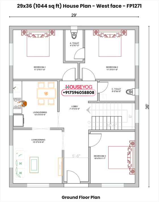 29x36 House Plan West Facing 3BHK (1044 Sq Ft Modern Home Design)
