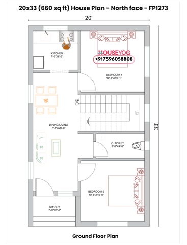 20x33 North Facing 2BHK House Plan (660 Sq Ft) | Budget Small Home Design with Verandah