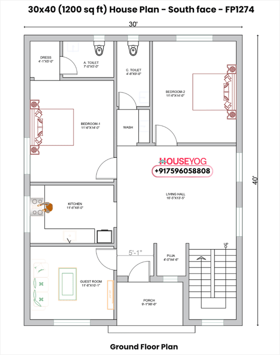 30x40 South Facing 3BHK House Plan with Puja Room & Porch (1200 Sq Ft)