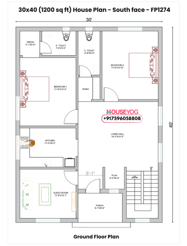 30x40 South Facing 3BHK House Plan with Puja Room & Porch (1200 Sq Ft)