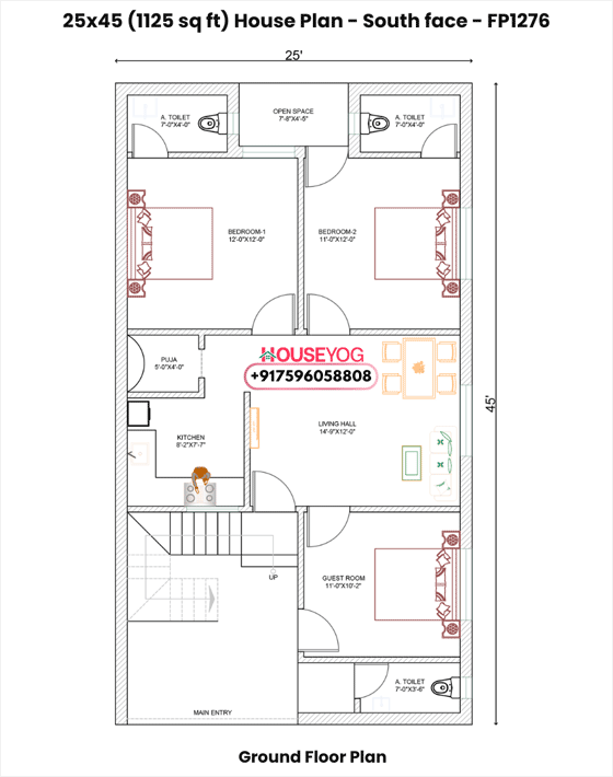 25x45 South Facing 3BHK House Plan with Puja Room & Lawn (1125 Sq Ft Single Floor)