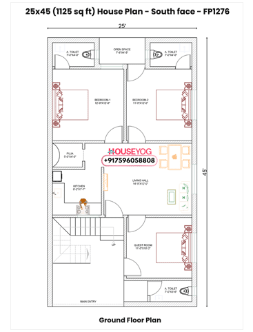 25x45 South Facing 3BHK House Plan with Puja Room & Lawn (1125 Sq Ft Single Floor)
