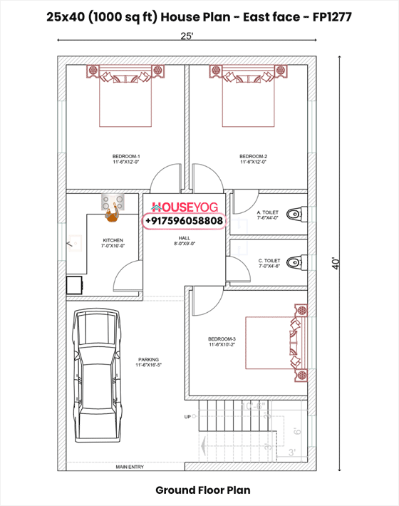 25x40 East Facing 3BHK House Plan with Parking (1000 Sq Ft, Single Floor)